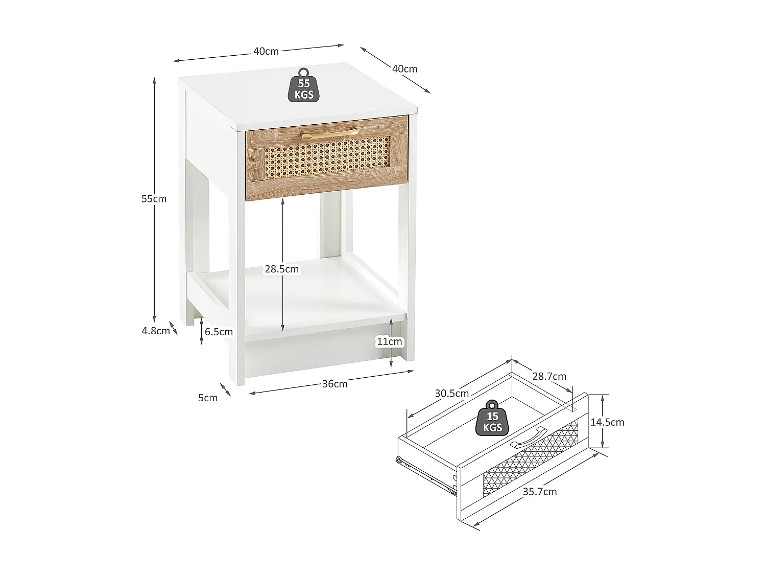 Table de chevet avec tiroir effet rotin - Blanc 40x40x55 cm