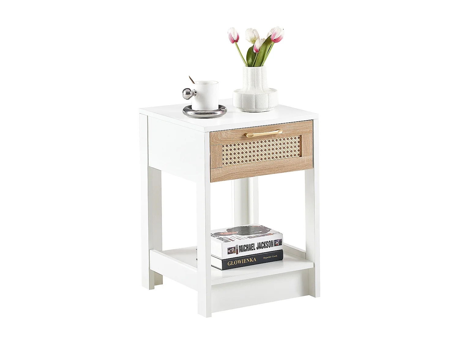 Table de chevet avec tiroir effet rotin - Blanc 40x40x55 cm