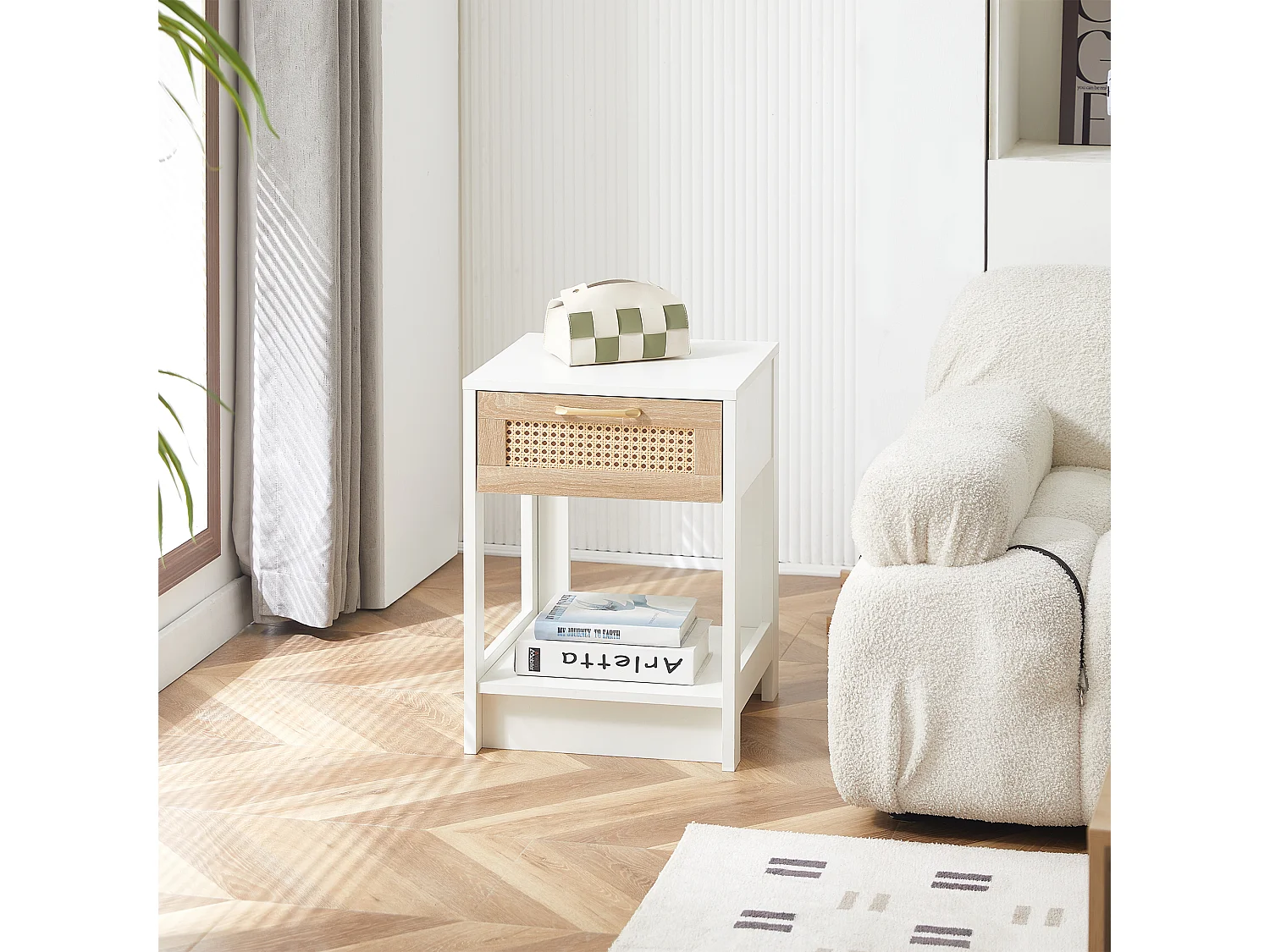 Table de chevet avec tiroir effet rotin - Blanc 40x40x55 cm