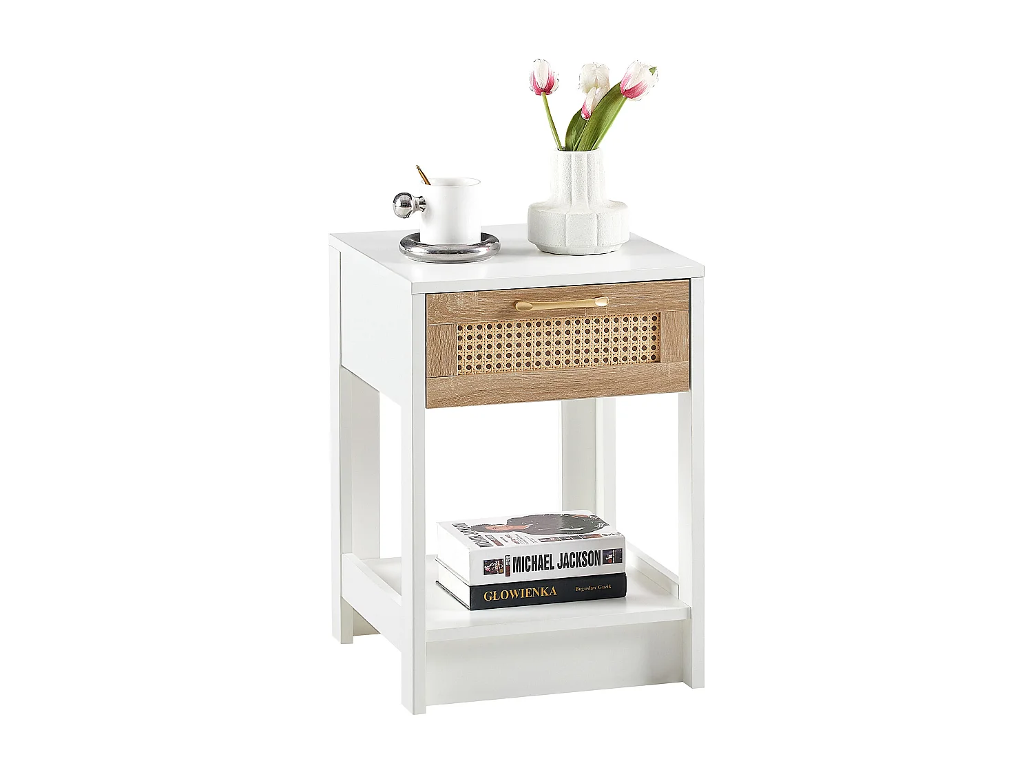 Table de chevet avec tiroir effet rotin - Blanc 40x40x55 cm
