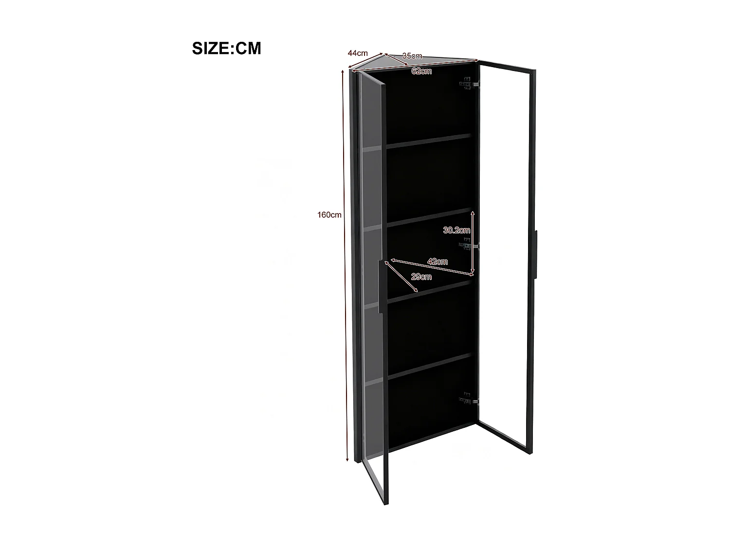 Vitrine d’angle LED 62x35x160 cm avec 2 portes verre - Noir