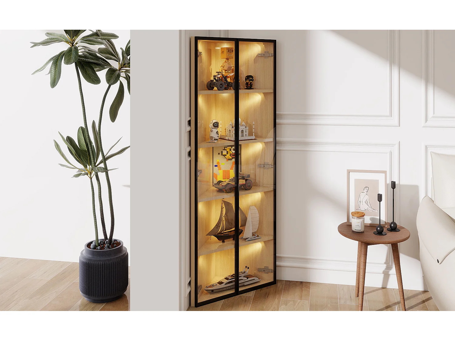 Hoek-LED-vitrine 62x35x160 cm met 2 glazen deuren - Houtkleur