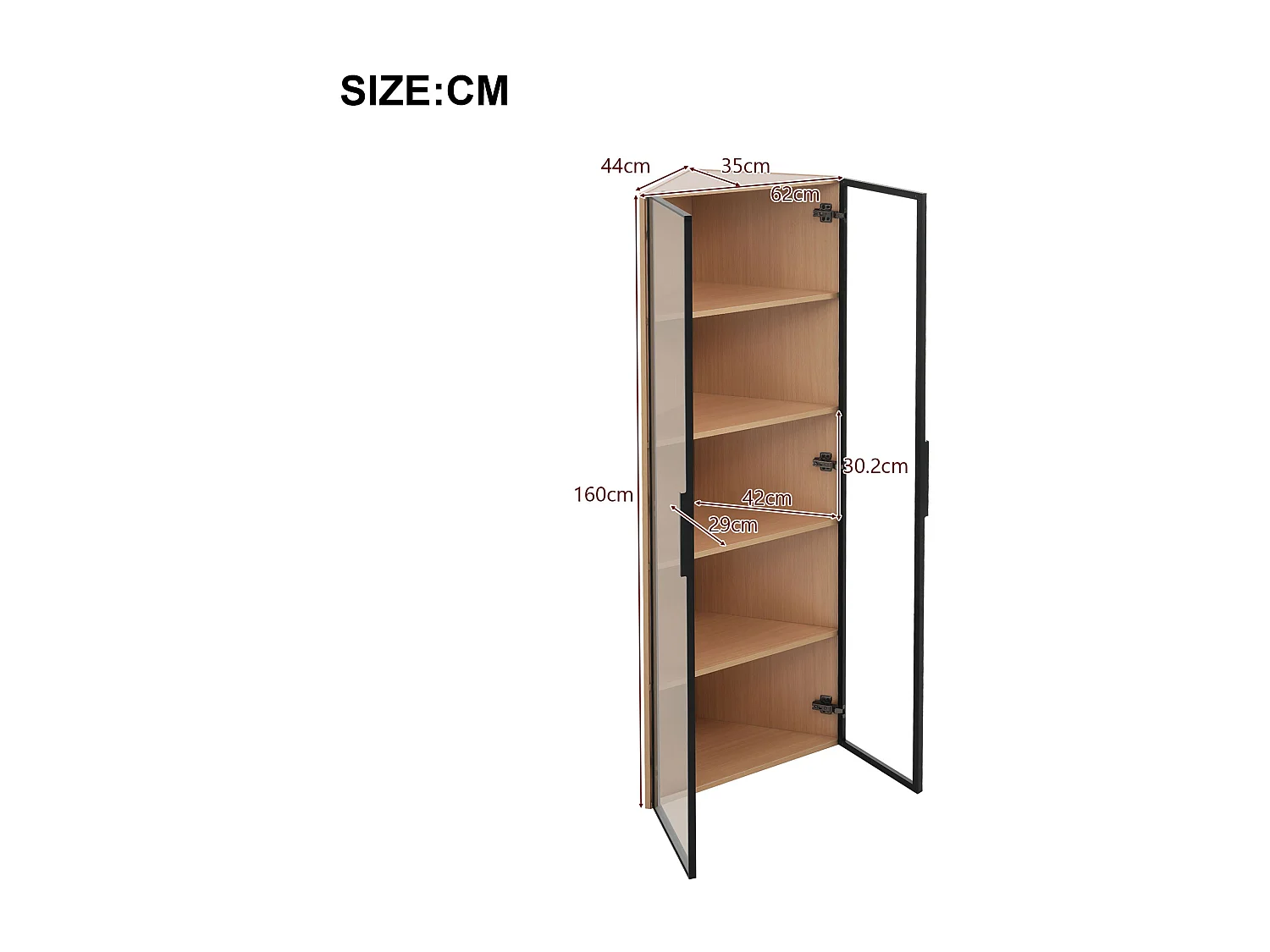 Hoek-LED-vitrine 62x35x160 cm met 2 glazen deuren - Houtkleur