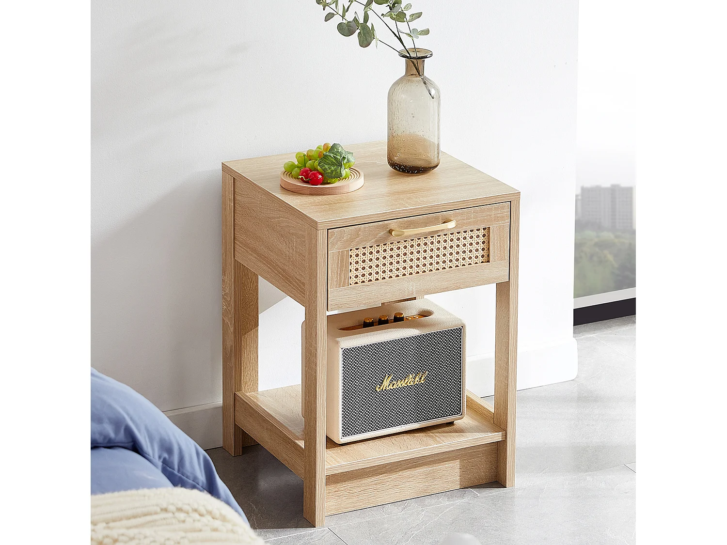 Table de chevet avec tiroir effet rotin - Naturel clair 40x40x55 cm