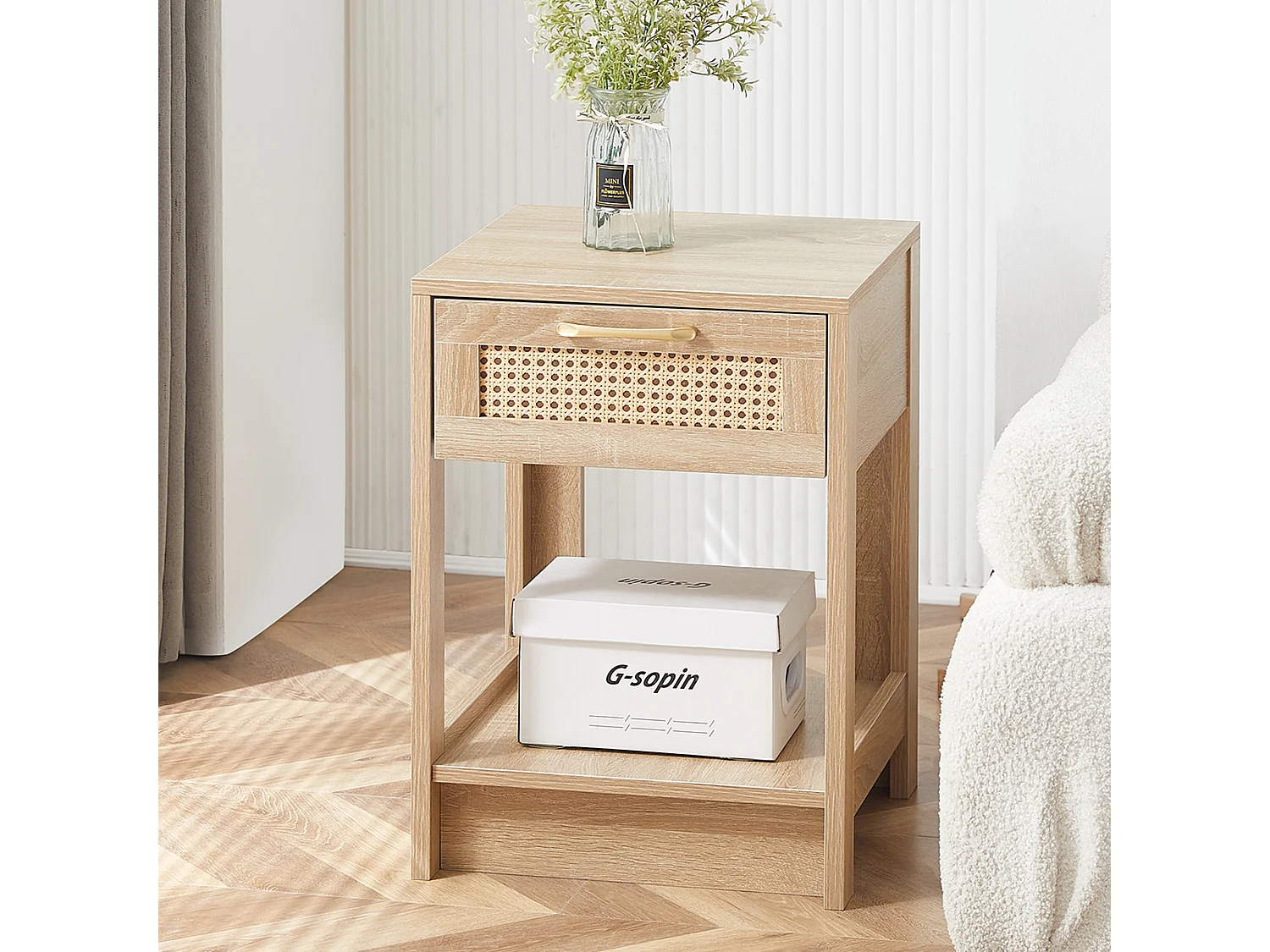 Table de chevet avec tiroir effet rotin - Naturel clair 40x40x55 cm