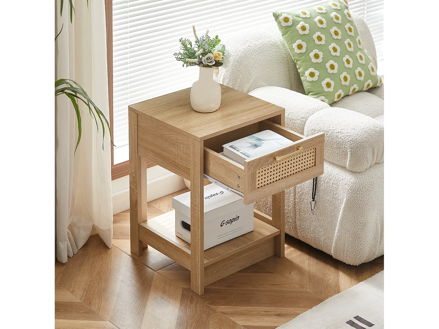 Table de chevet avec tiroir effet rotin - Naturel clair 40x40x55 cm