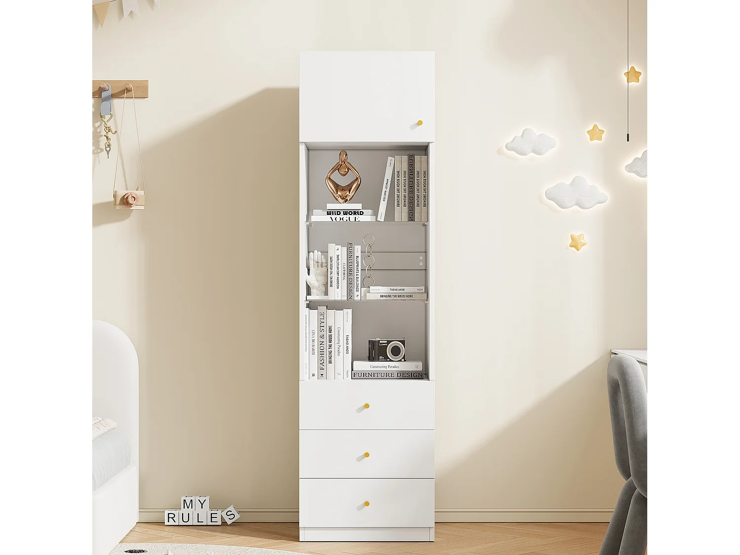 Vitrine, Aufbewahrungsmöbel, Bücherregal - 3 Schubladen und Türen - Verstellbare Glasregale - Weiß - 50×40×180 cm