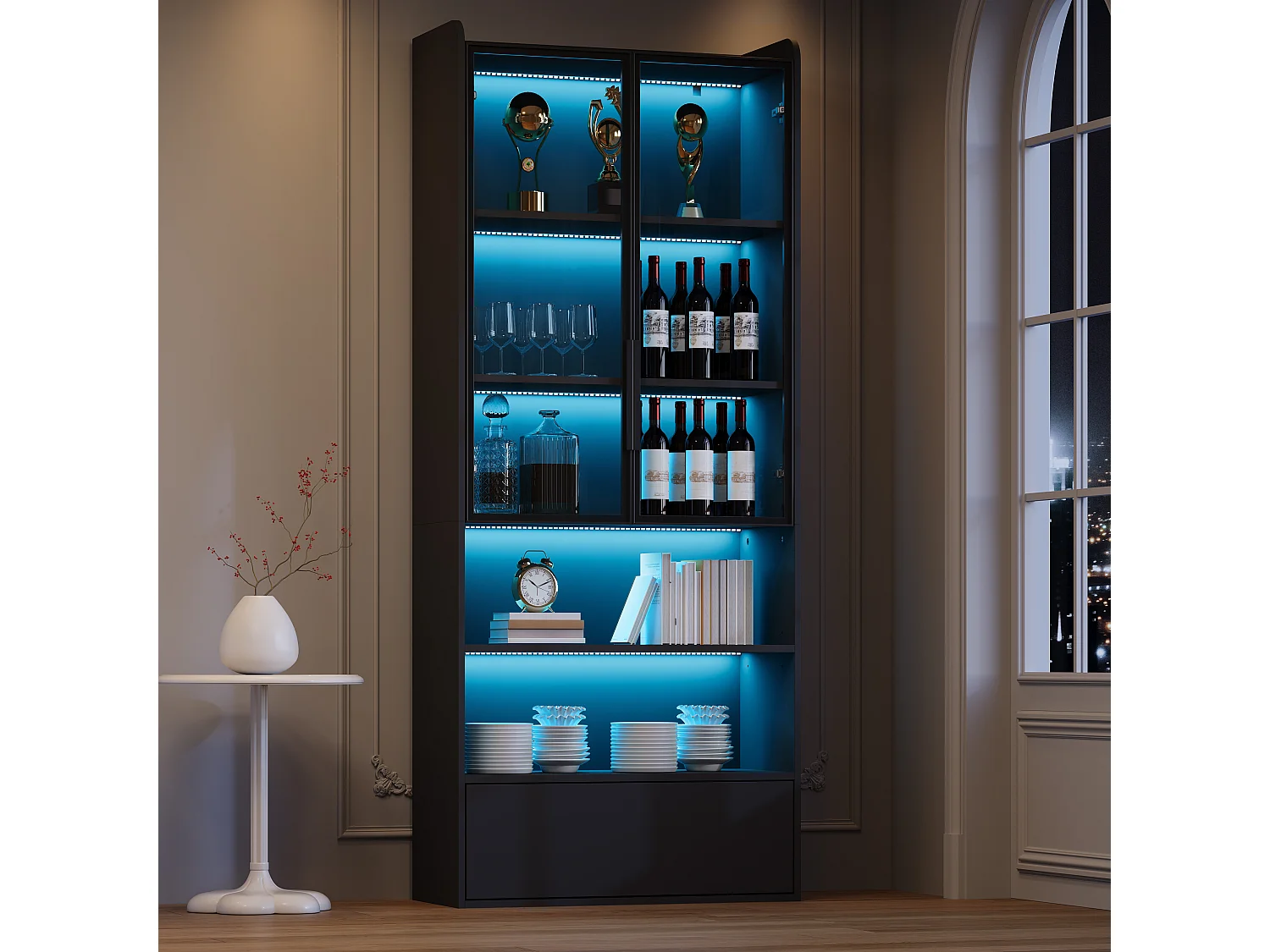 Hohe Glasvitrine – 80 x 34 x 180 cm – mit 1 Schublade + Glastüren + LEDs + offenem Fach – MDF + Glas – schwarz