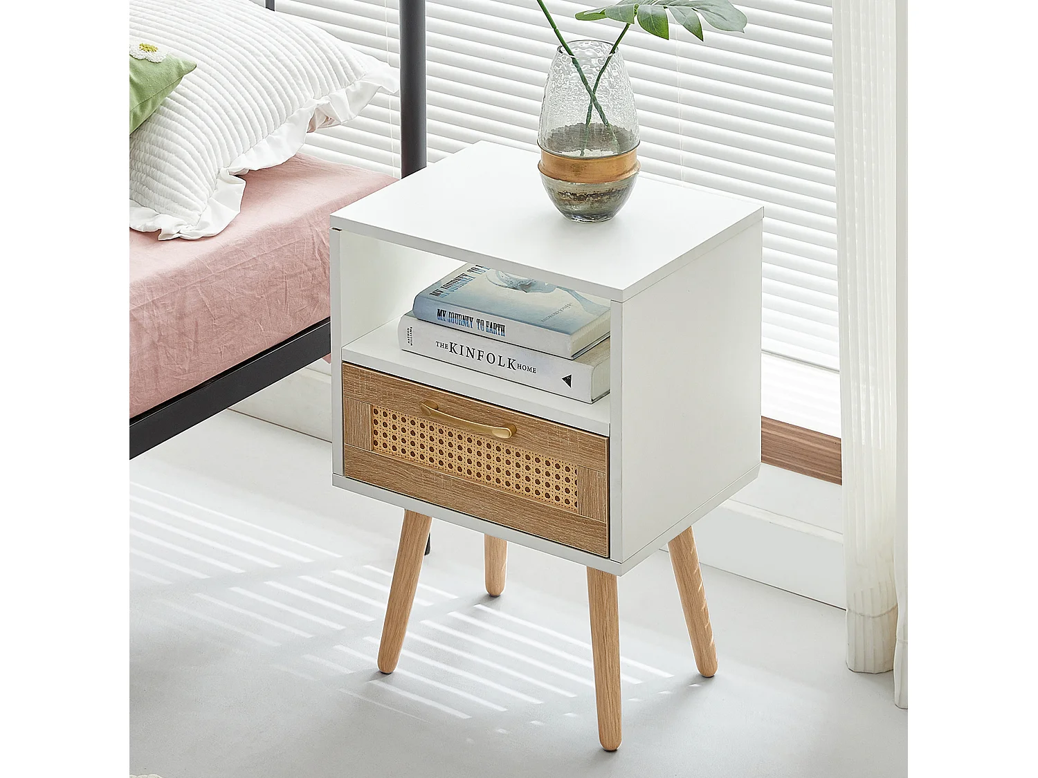 Table de chevet blanche et naturelle avec tiroir 40x30x56 cm