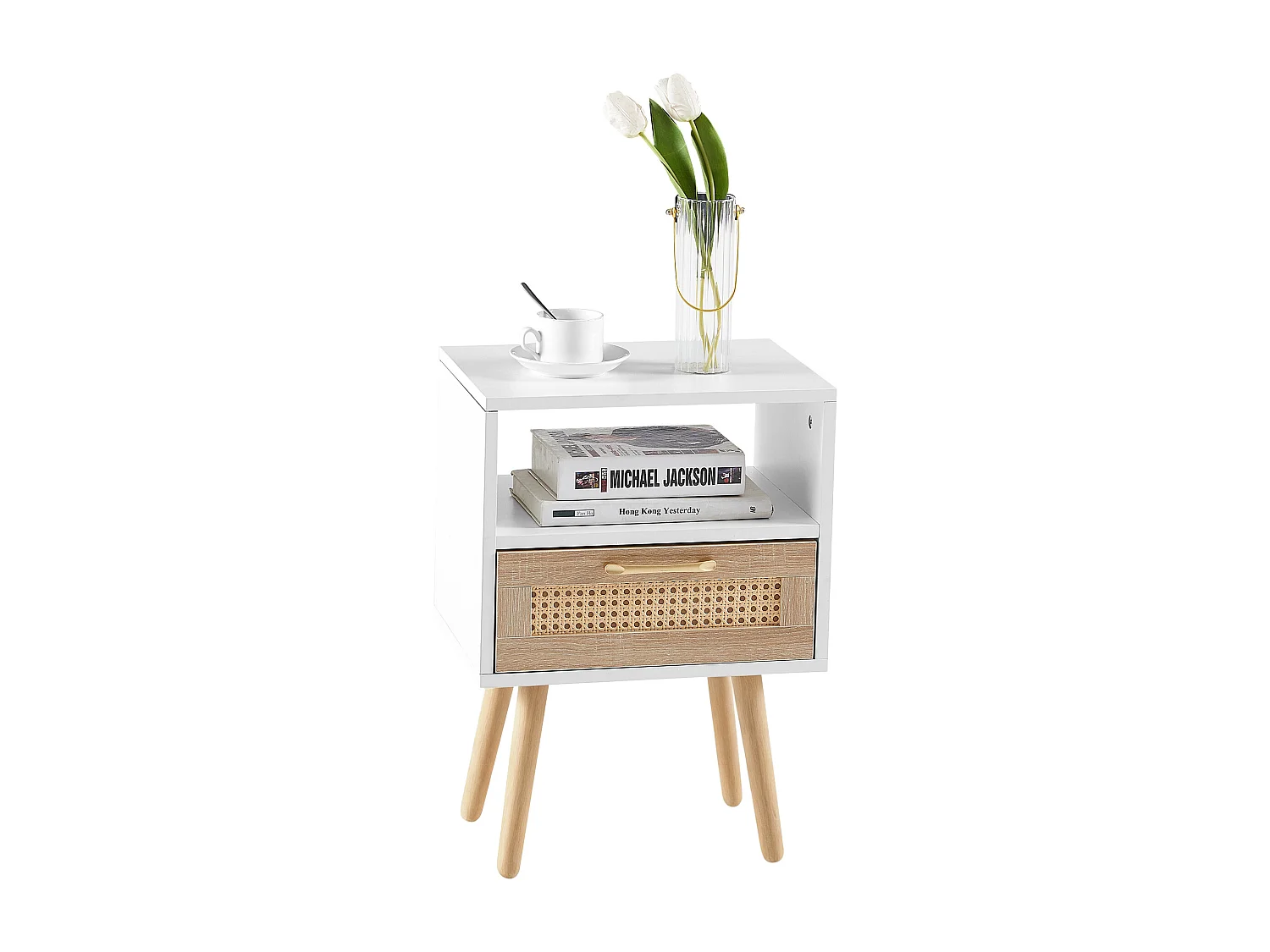 Table de chevet blanche et naturelle avec tiroir 40x30x56 cm