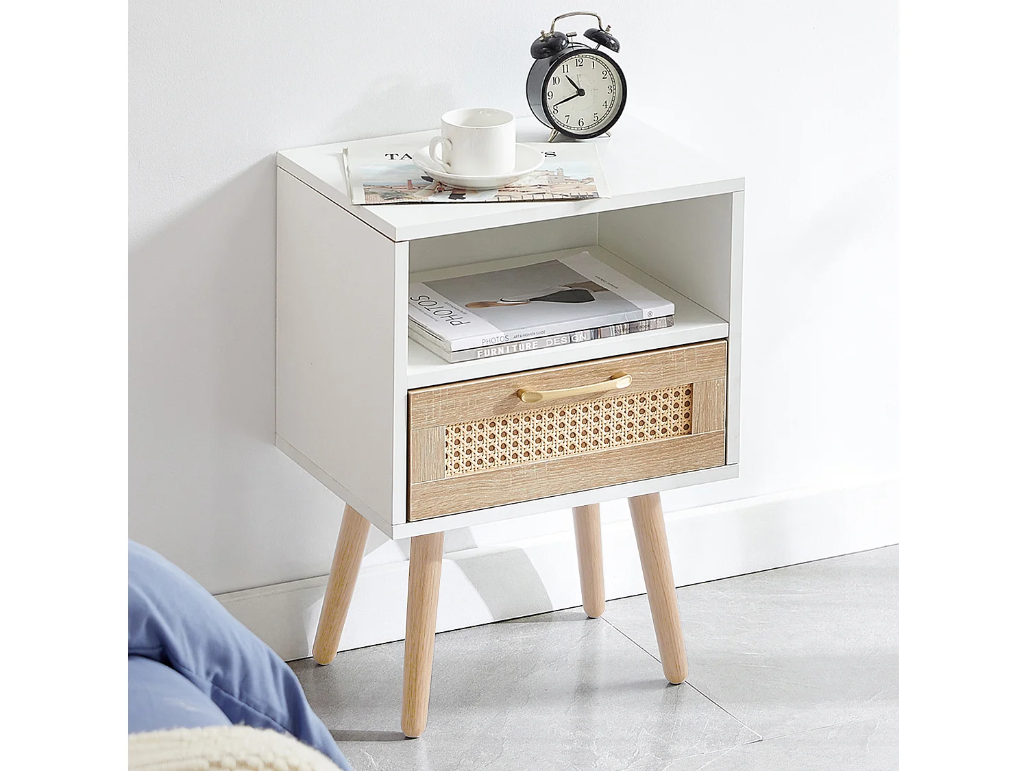 Table de chevet blanche et naturelle avec tiroir 40x30x56 cm