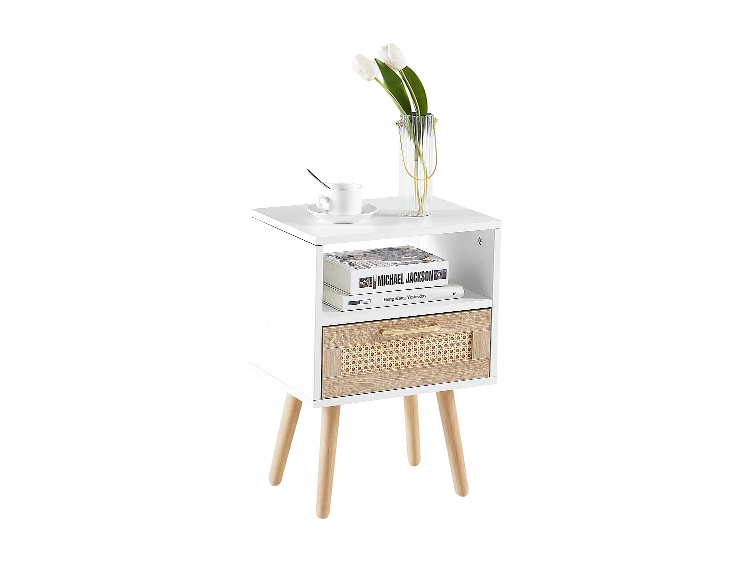 Table de chevet blanche et naturelle avec tiroir 40x30x56 cm