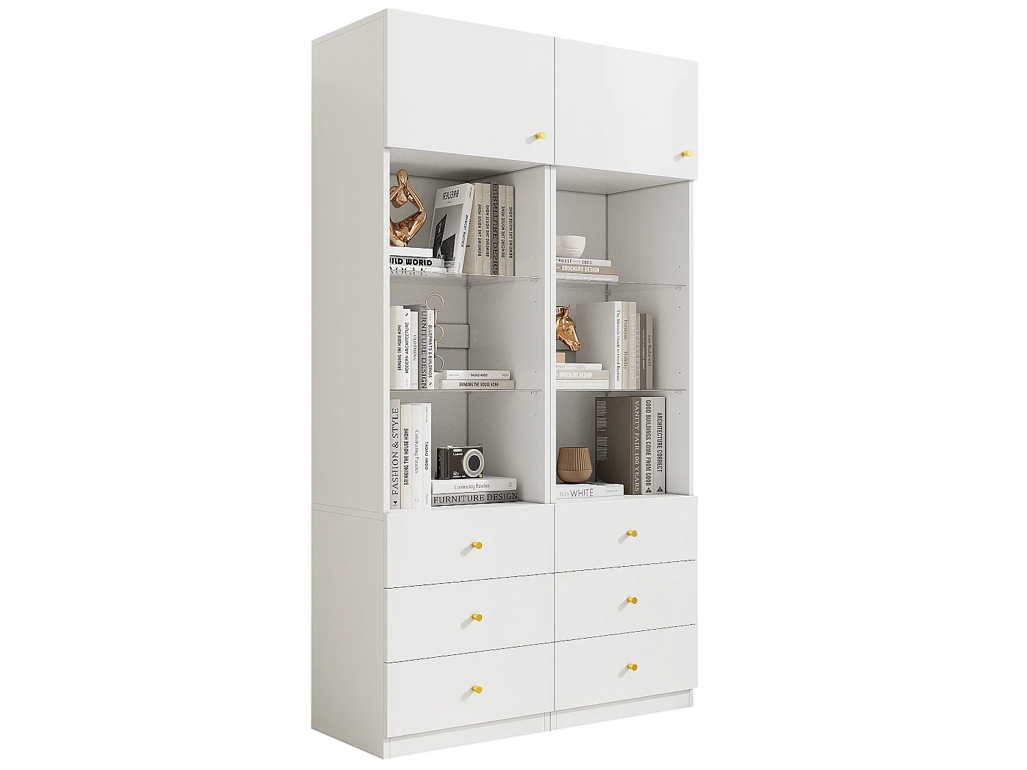 Vitrine, Aufbewahrungsmöbel, Bücherregal - 3 Schubladen und Türen - Verstellbare Glasregale - Weiß - 100×40×180 cm