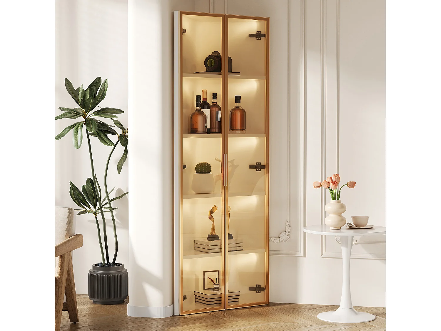 Hoek-LED-vitrine, 62x35x160 cm, wit glas met 2 deuren