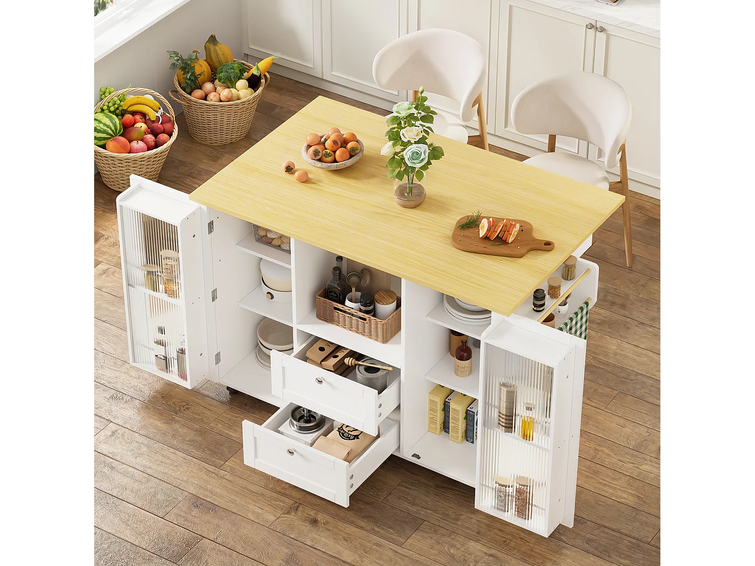 Îlot central de cuisine mobile - table à manger pliable - avec 2 portes et 2 tiroirs - avec porte-serviettes et roulettes verrouillables - Blanc