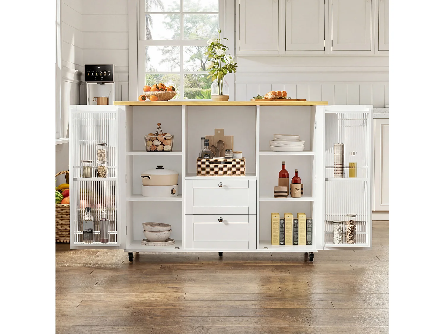 Îlot central de cuisine mobile - table à manger pliable - avec 2 portes et 2 tiroirs - avec porte-serviettes et roulettes verrouillables - Blanc