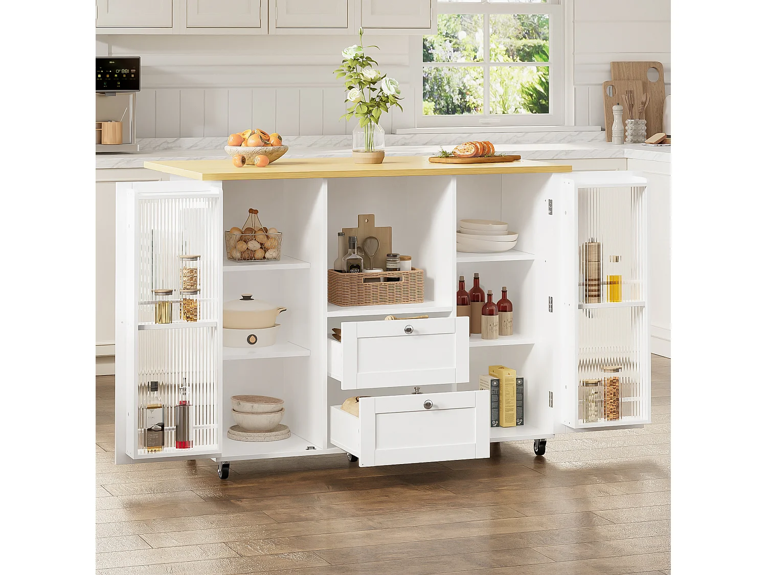 Îlot central de cuisine mobile - table à manger pliable - avec 2 portes et 2 tiroirs - avec porte-serviettes et roulettes verrouillables - Blanc