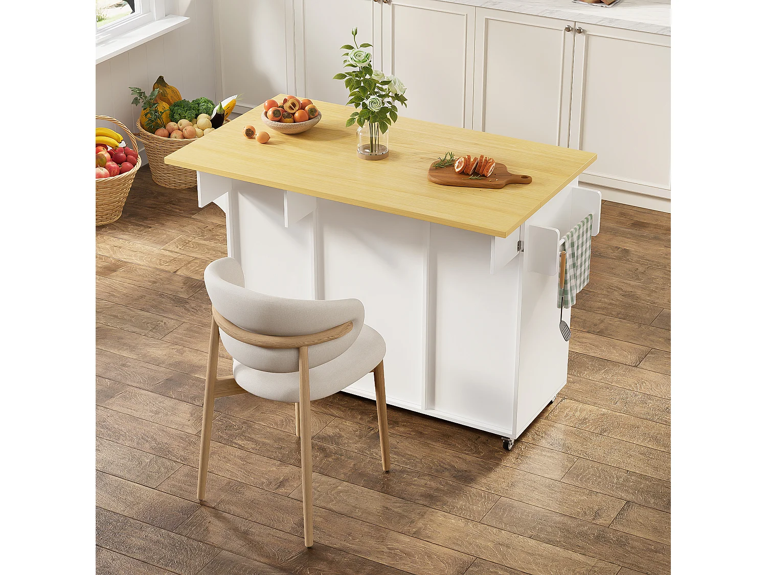 Îlot central de cuisine mobile - table à manger pliable - avec 2 portes et 2 tiroirs - avec porte-serviettes et roulettes verrouillables - Blanc