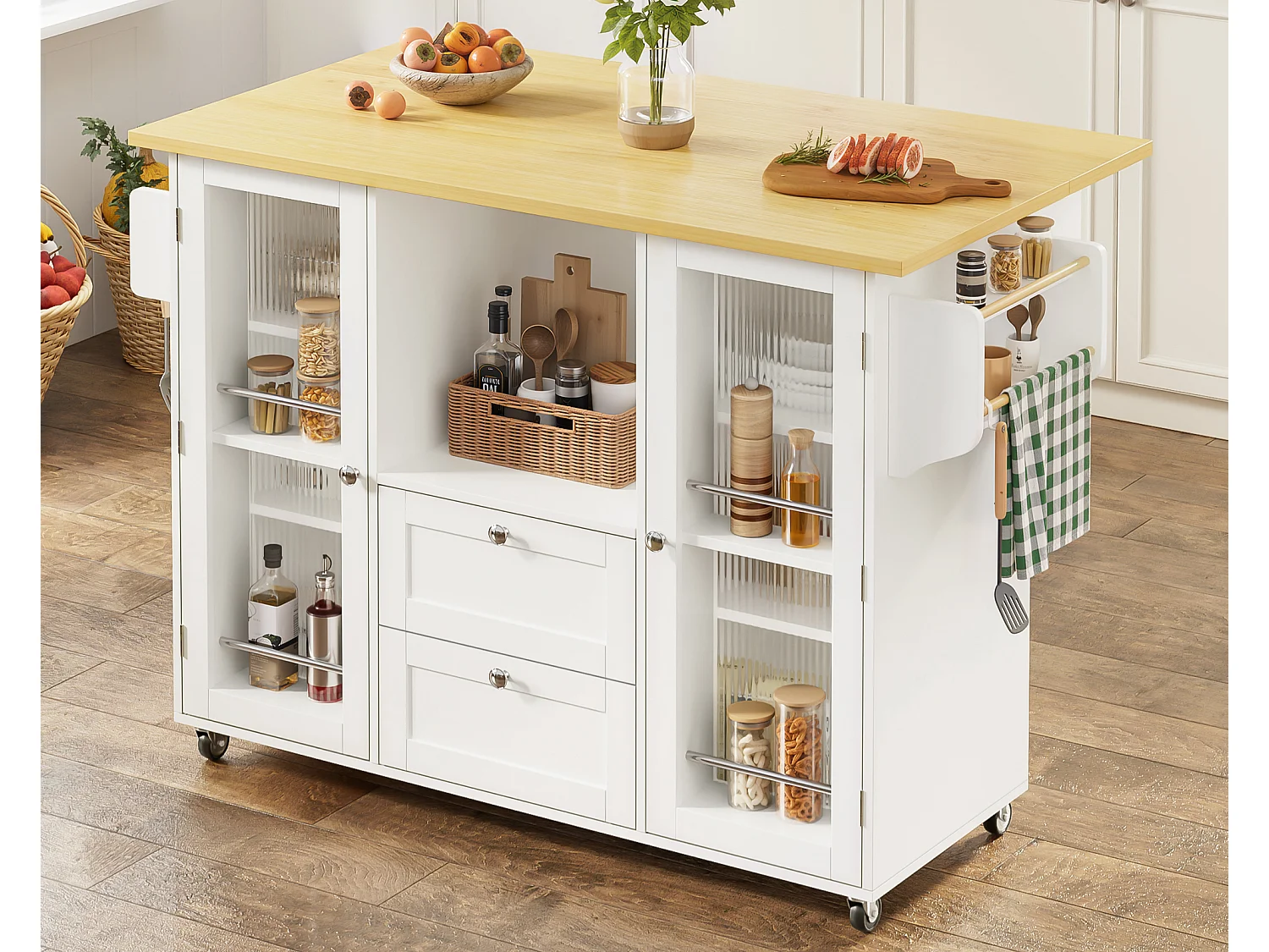 Îlot central de cuisine mobile - table à manger pliable - avec 2 portes et 2 tiroirs - avec porte-serviettes et roulettes verrouillables - Blanc