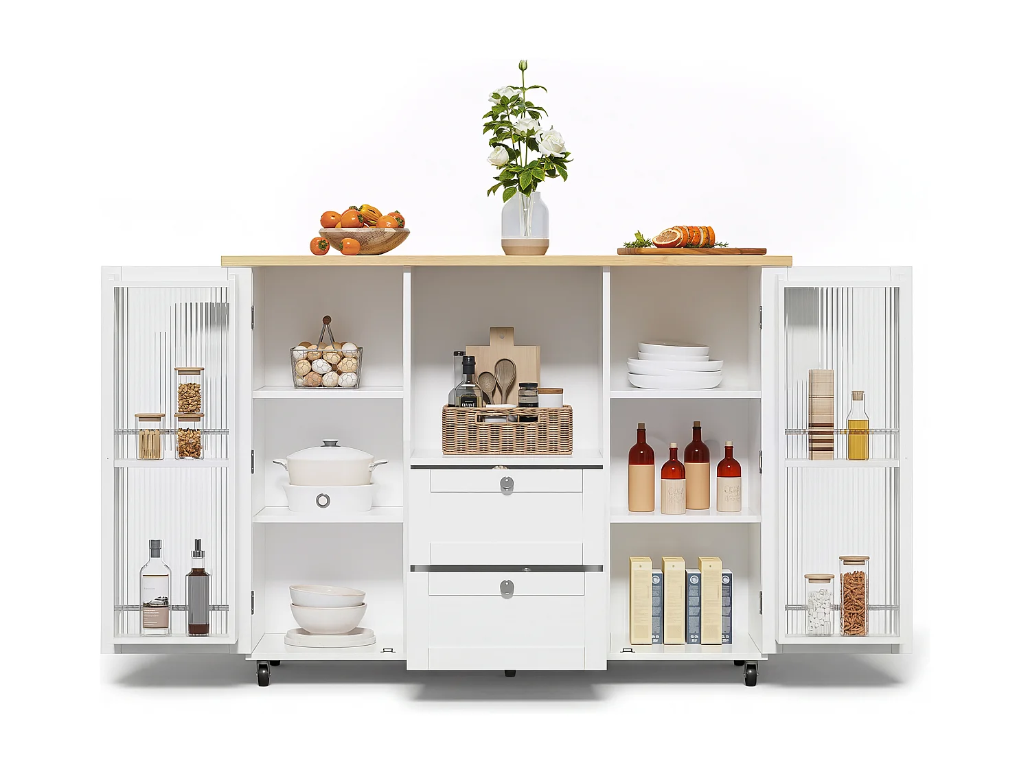Îlot central de cuisine mobile - table à manger pliable - avec 2 portes et 2 tiroirs - avec porte-serviettes et roulettes verrouillables - Blanc