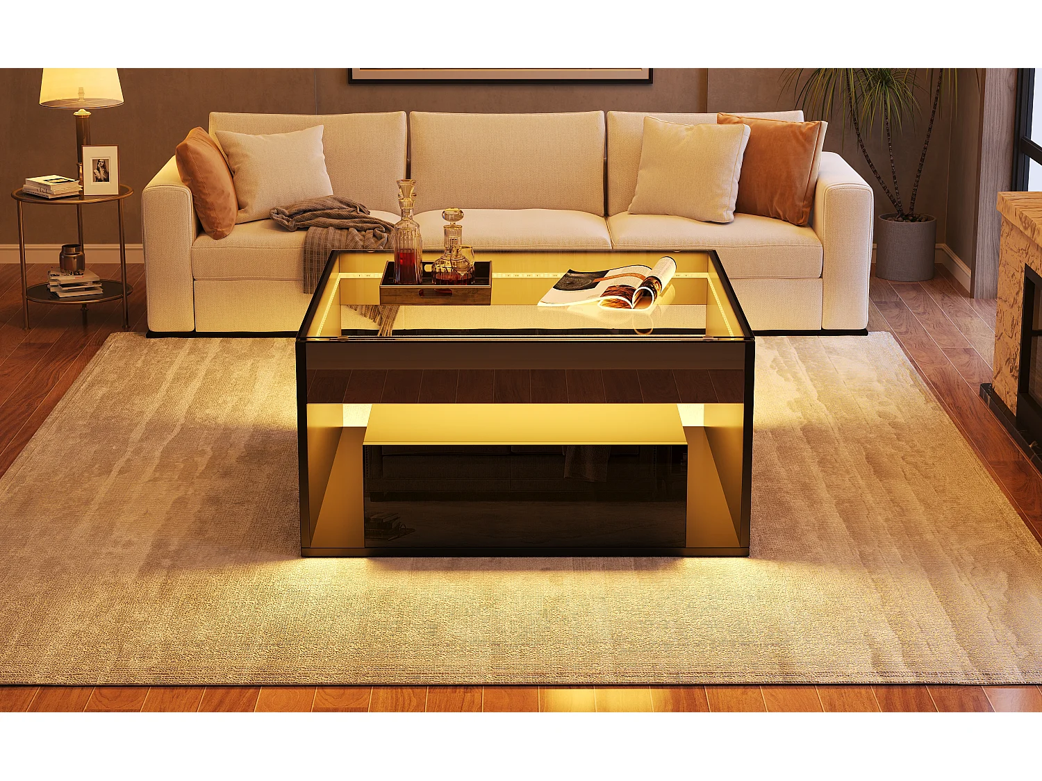 Table basse carrée LED 70x70x35 cm avec 2 tiroirs - Noir