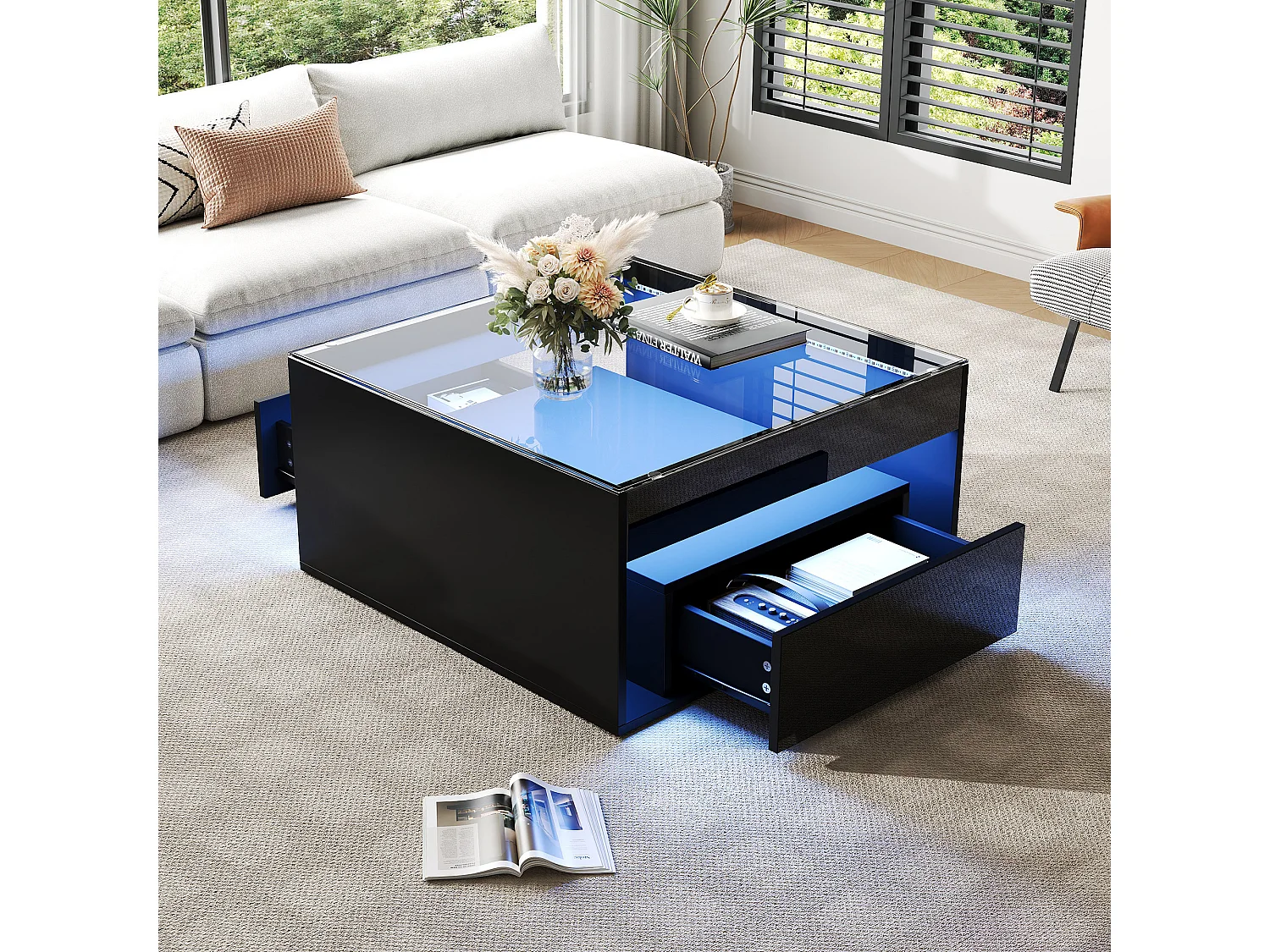 Table basse carrée LED 70x70x35 cm avec 2 tiroirs - Noir