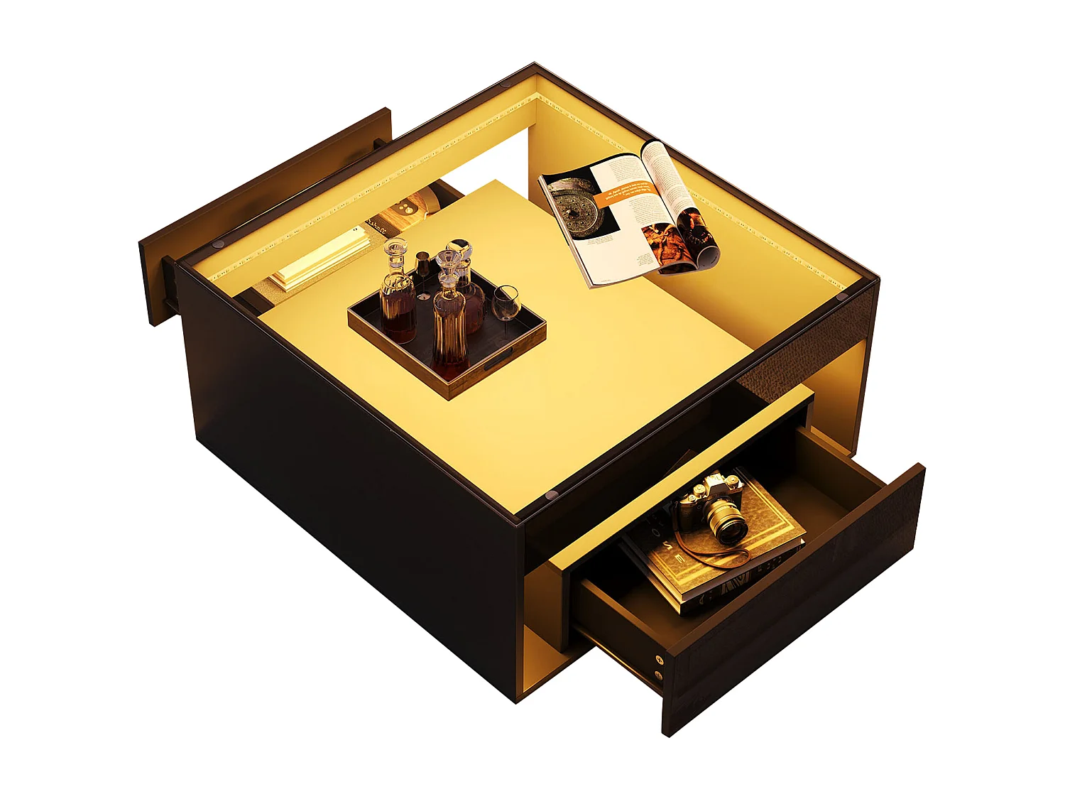 Table basse carrée LED 70x70x35 cm avec 2 tiroirs - Noir