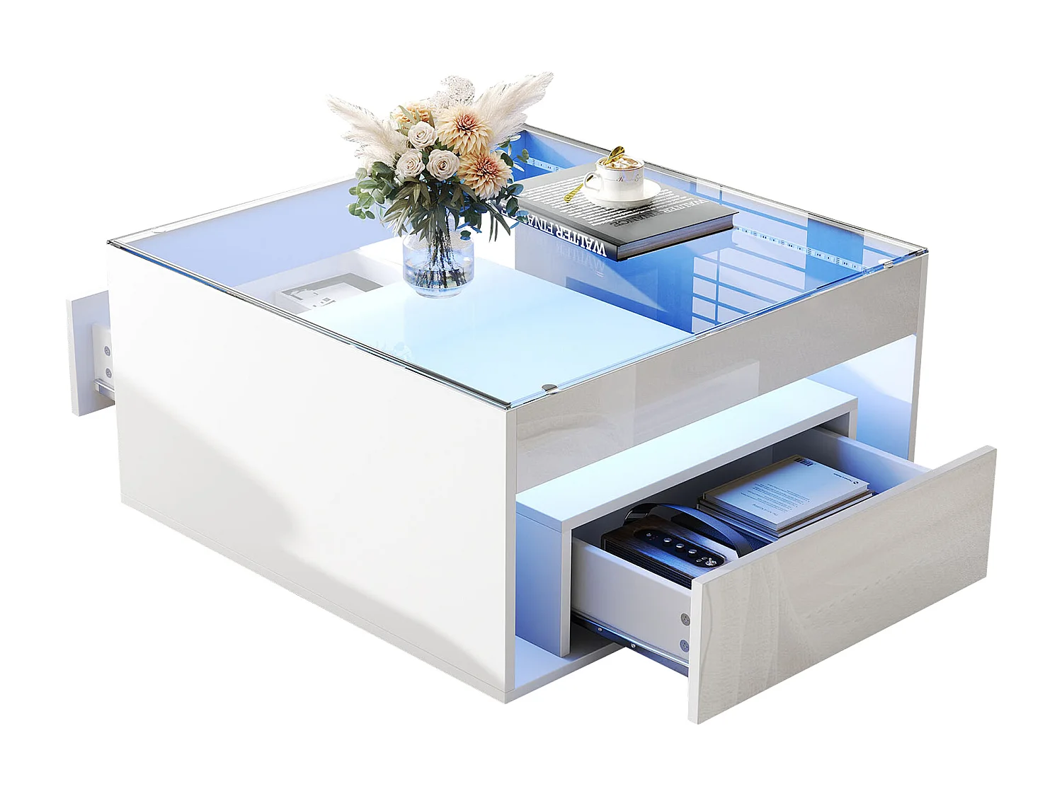 Table basse carrée LED 70x70x35 cm avec 2 tiroirs - Blanc