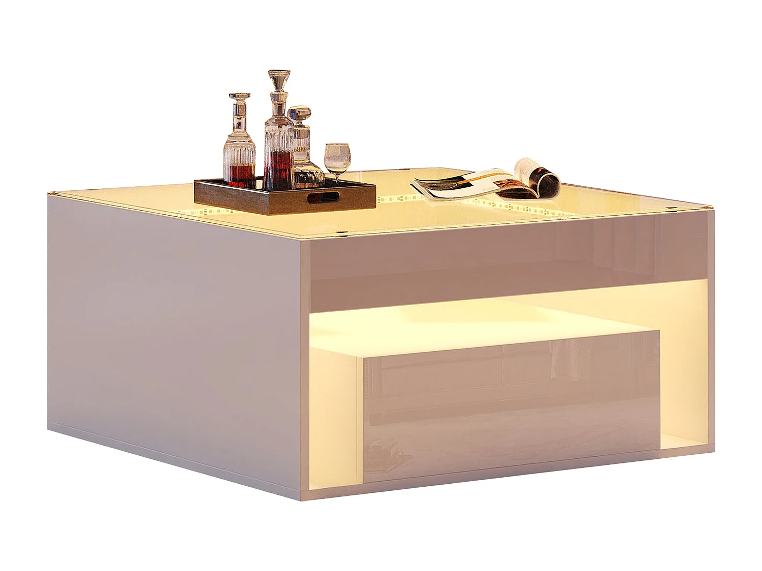 Table basse carrée LED 70x70x35 cm avec 2 tiroirs - Blanc