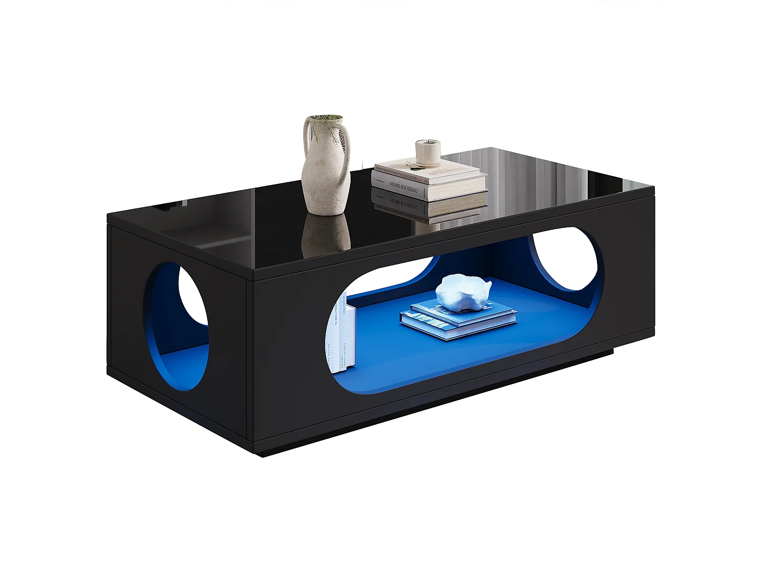 Couchtisch mit Hochglanzoberfläche – 100 x 50 x 30 cm – mit LED-Beleuchtung und Ablagefläche – MDF – schwarz