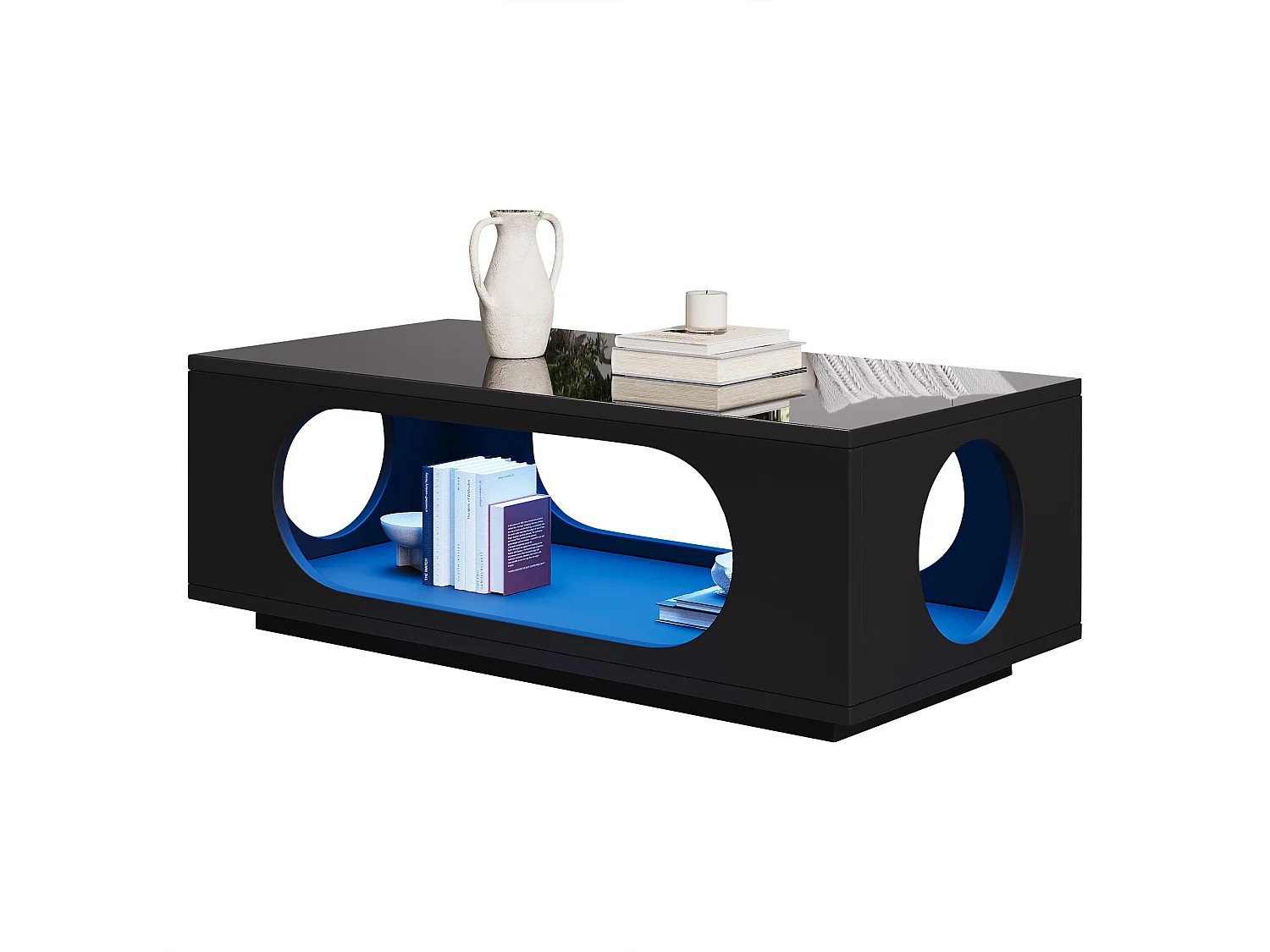 Couchtisch mit Hochglanzoberfläche – 100 x 50 x 30 cm – mit LED-Beleuchtung und Ablagefläche – MDF – schwarz