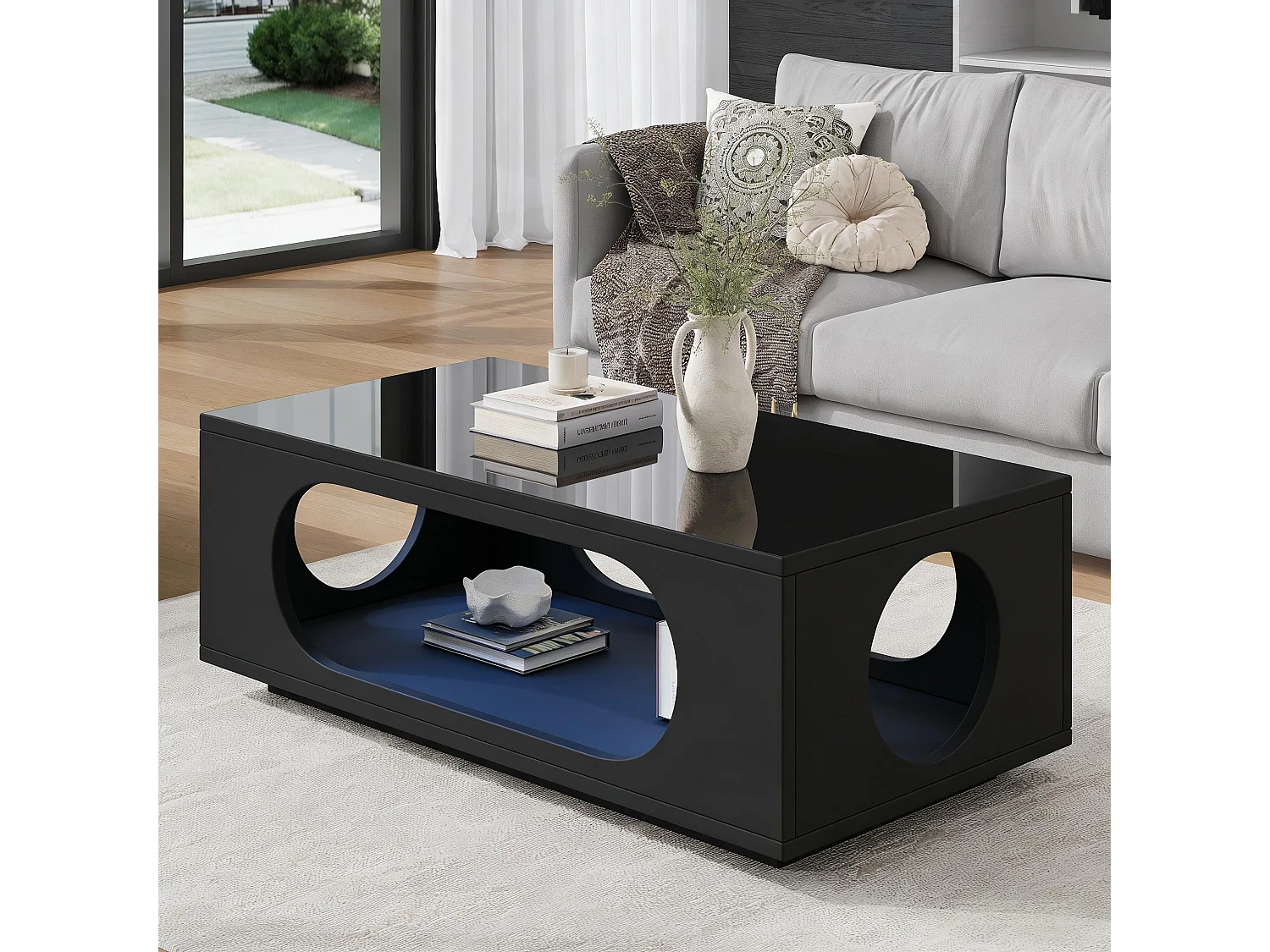 Couchtisch mit Hochglanzoberfläche – 100 x 50 x 30 cm – mit LED-Beleuchtung und Ablagefläche – MDF – schwarz