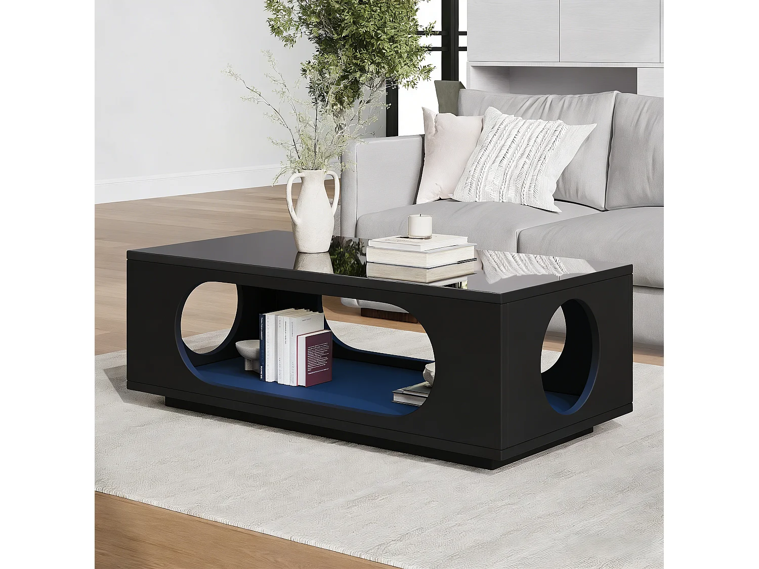 Couchtisch mit Hochglanzoberfläche – 100 x 50 x 30 cm – mit LED-Beleuchtung und Ablagefläche – MDF – schwarz