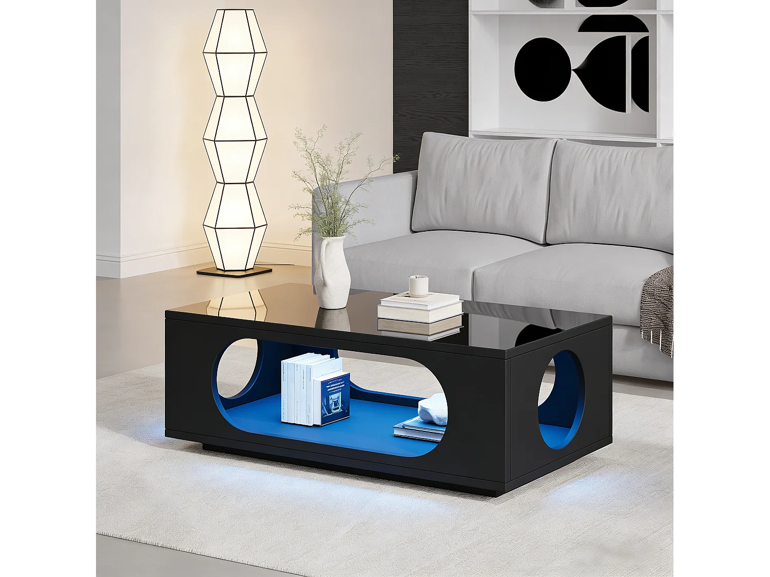 Couchtisch mit Hochglanzoberfläche – 100 x 50 x 30 cm – mit LED-Beleuchtung und Ablagefläche – MDF – schwarz