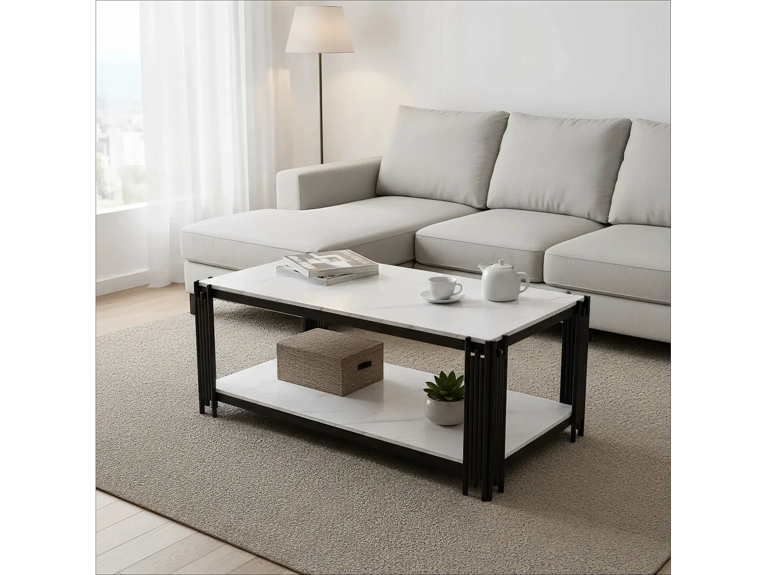 Table basse effet marbre avec pieds en métal - blanc et noir