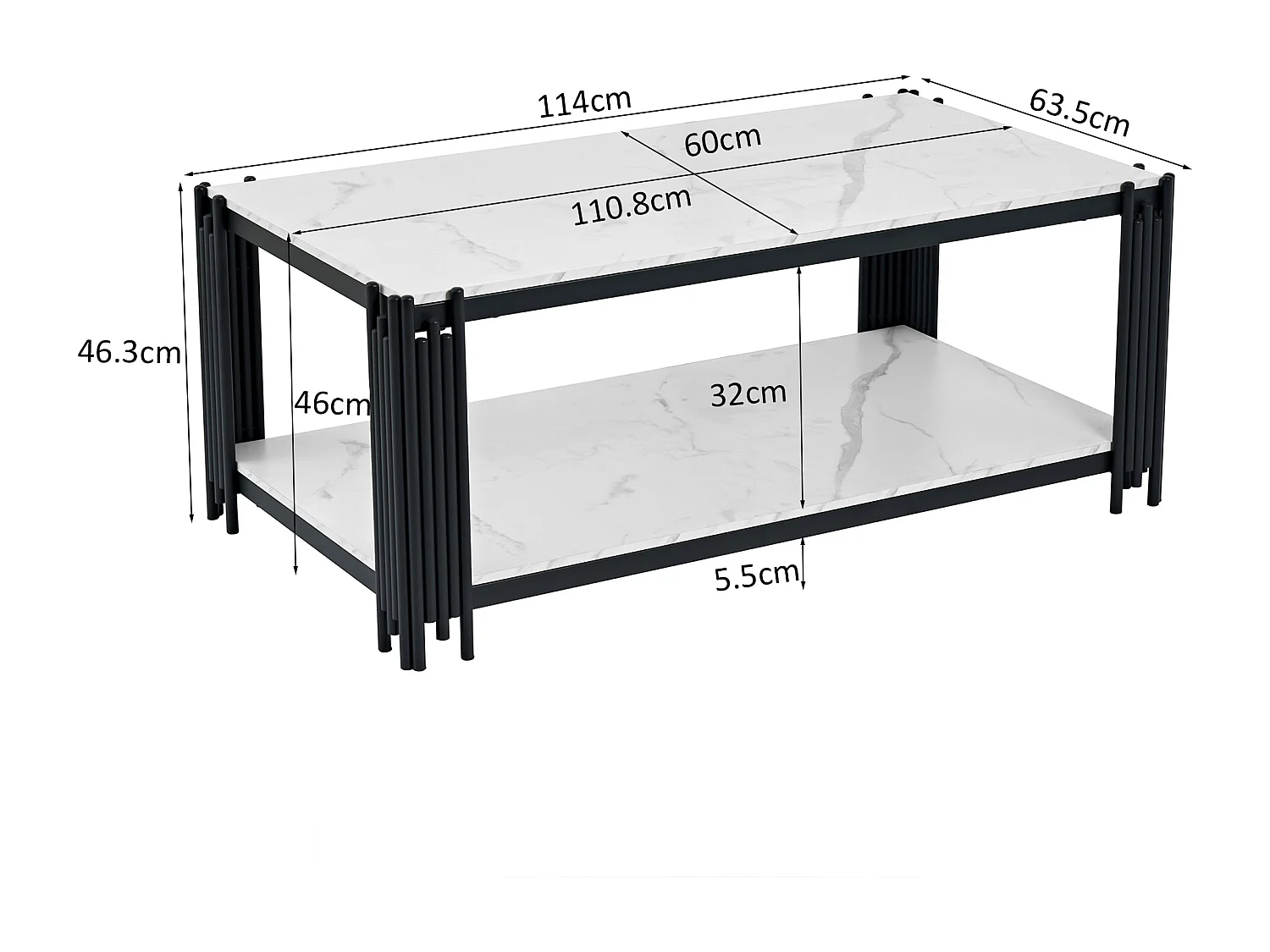 Table basse effet marbre avec pieds en métal - blanc et noir