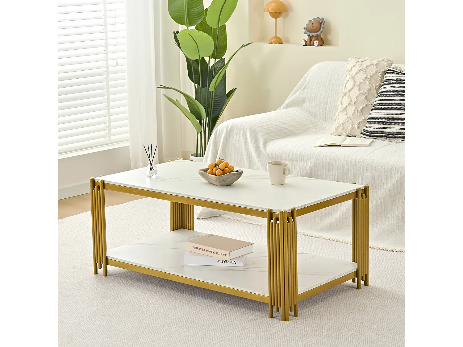 Salontafel met marmerlook en metalen poten - wit en goud