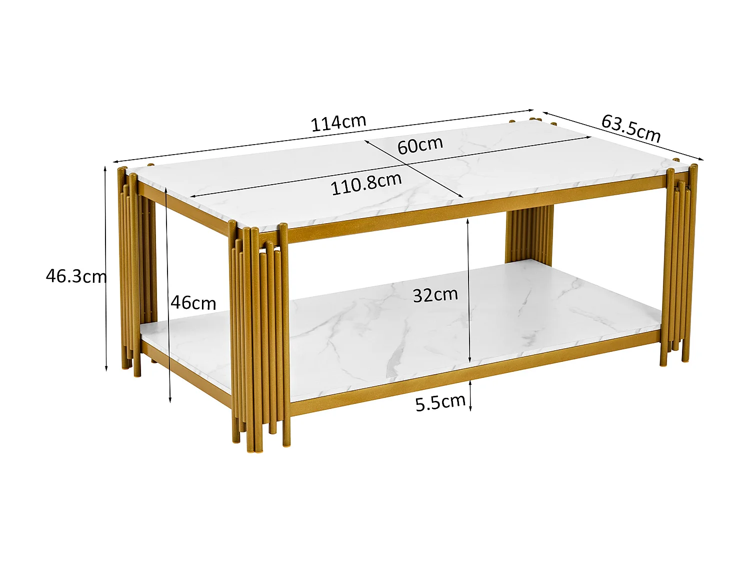 Salontafel met marmerlook en metalen poten - wit en goud