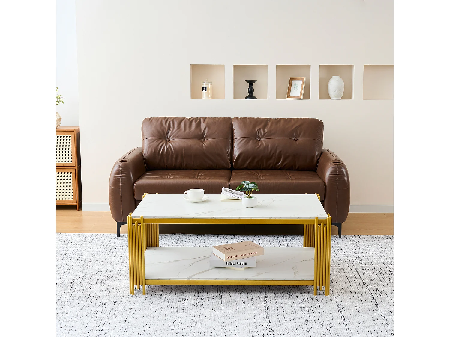 Salontafel met marmerlook en metalen poten - wit en goud