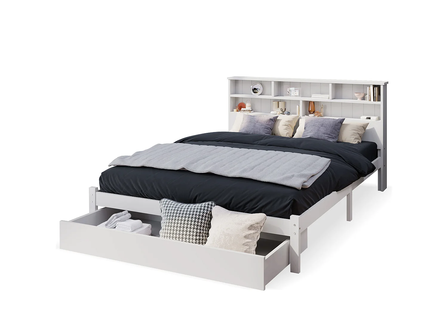 Bett für Erwachsene mit Stauraum-Kopfteil + Schublade + Lattenrost – 140 x 200 cm – Massivholz – Weiß