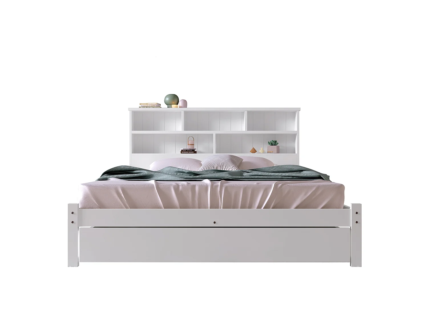 Bett für Erwachsene mit Stauraum-Kopfteil + Schublade + Lattenrost – 140 x 200 cm – Massivholz – Weiß