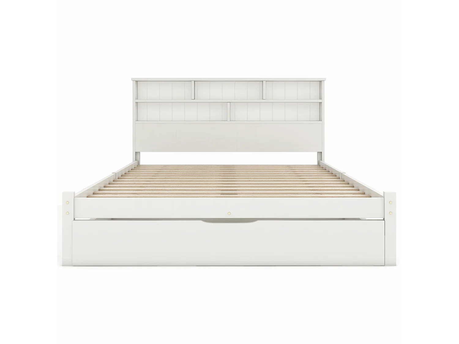 Bett für Erwachsene mit Stauraum-Kopfteil + Schublade + Lattenrost – 140 x 200 cm – Massivholz – Weiß