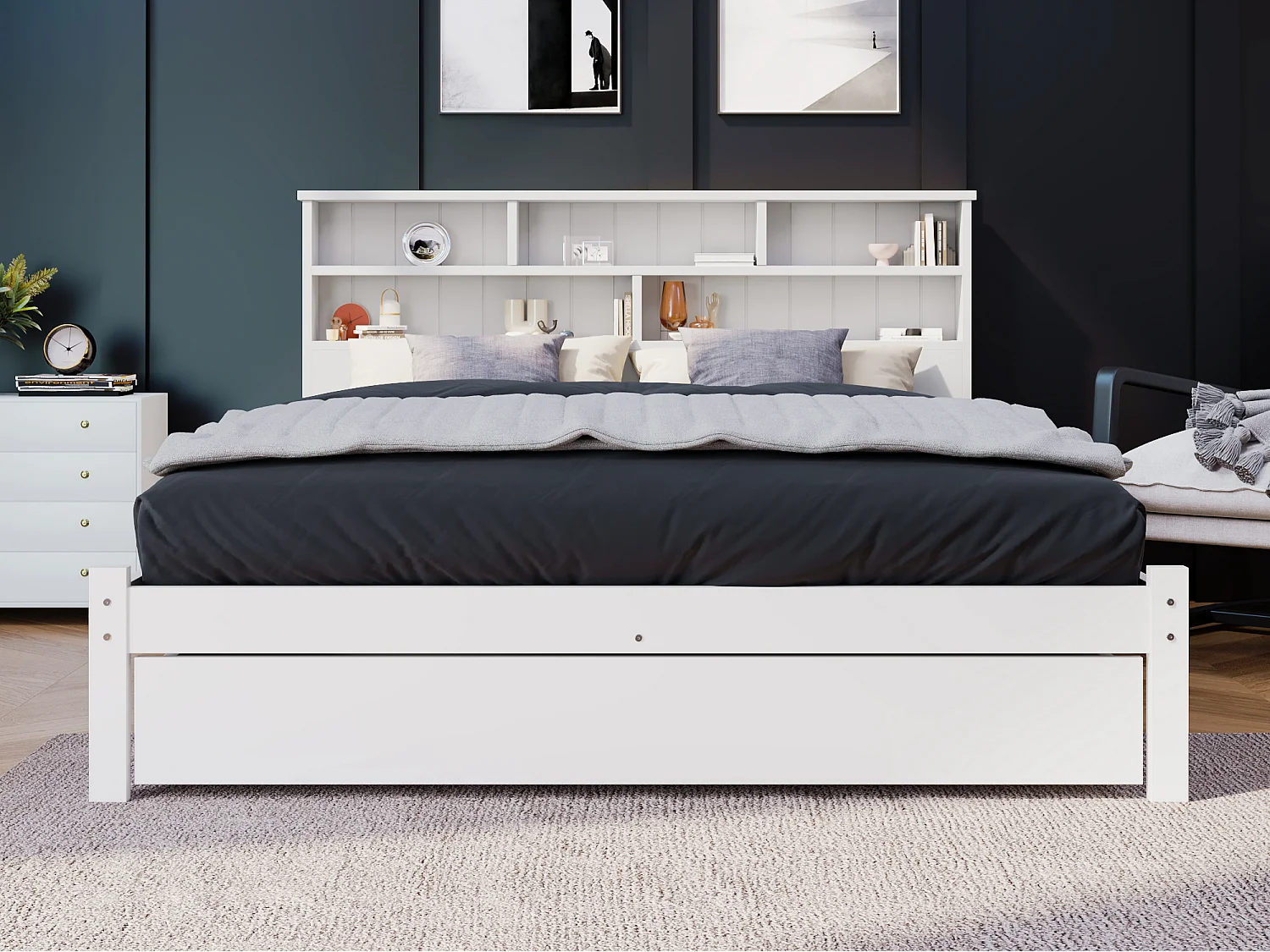 Bett für Erwachsene mit Stauraum-Kopfteil + Schublade + Lattenrost – 140 x 200 cm – Massivholz – Weiß