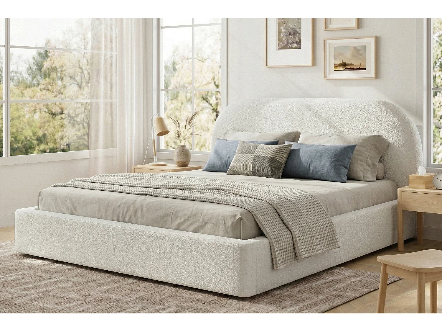 Polstret dobbeltseng - 180 x 200 cm - med lamelbund + hovedgærde - løkkebetrukket stof - beige