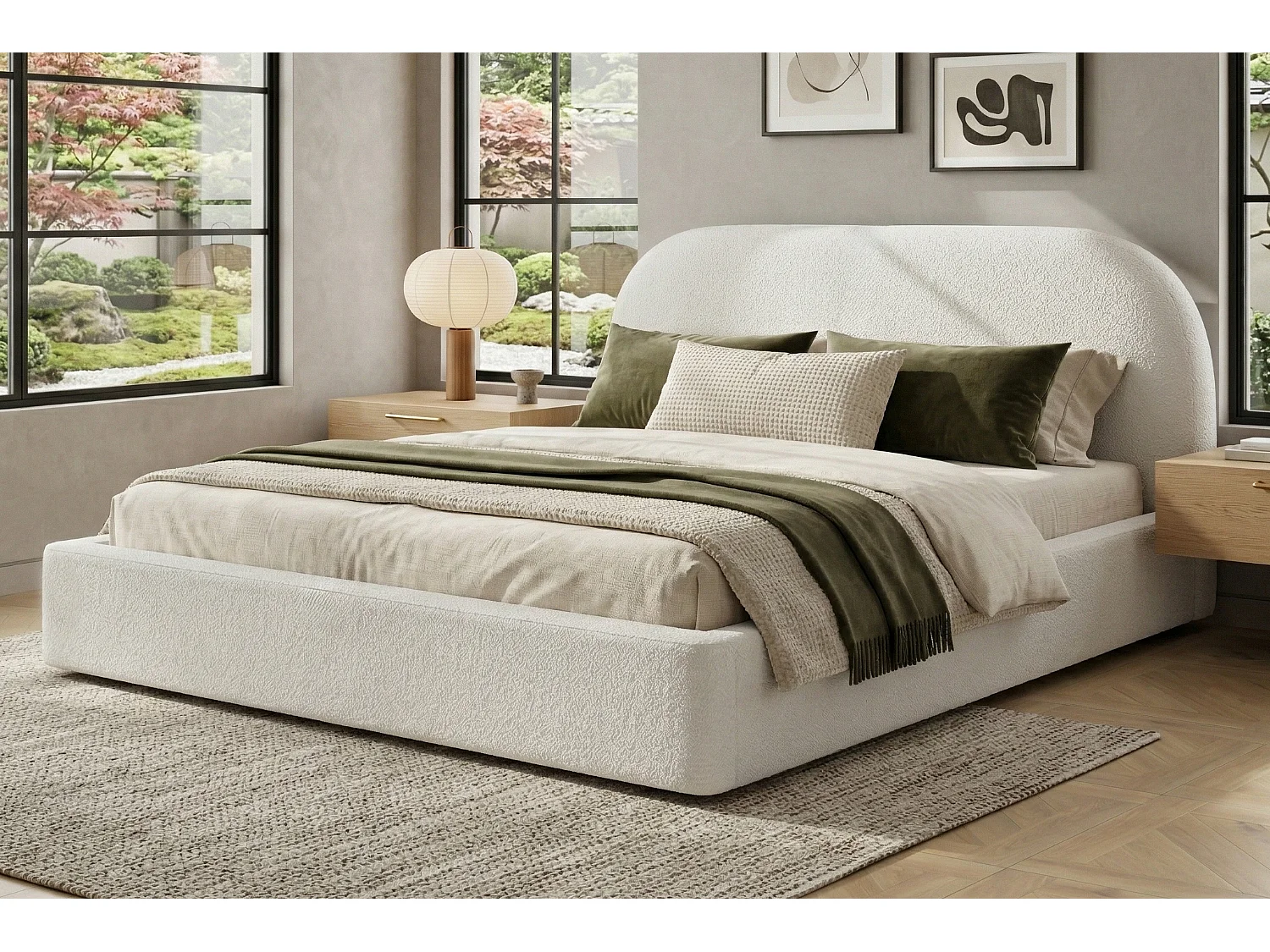 Polstret dobbeltseng - 180 x 200 cm - med lamelbund + hovedgærde - løkkebetrukket stof - beige