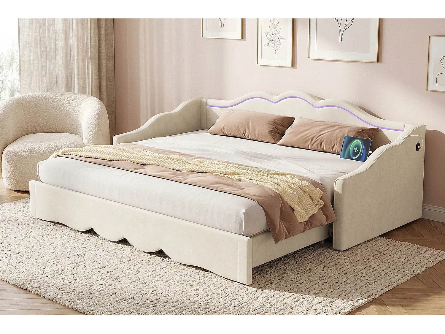 Lit banquette 90 x 200 cm convertible 180 x 200 cm avec LED et port USB, velours beige