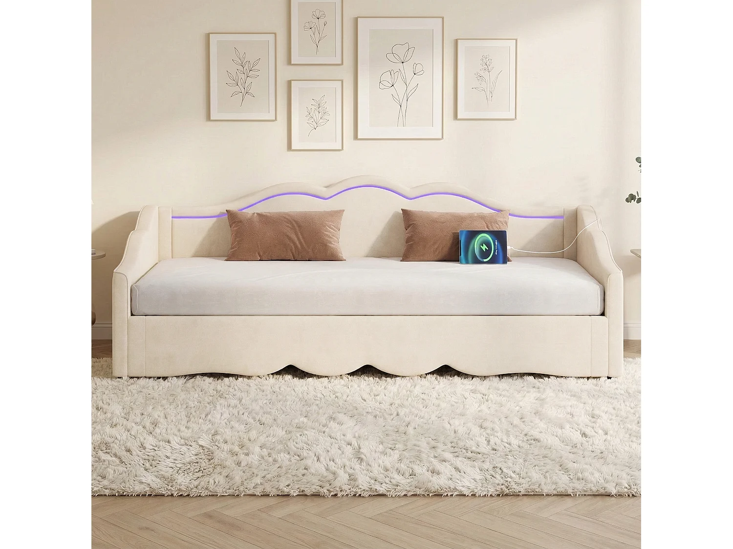 Lit banquette 90 x 200 cm convertible 180 x 200 cm avec LED et port USB, velours beige