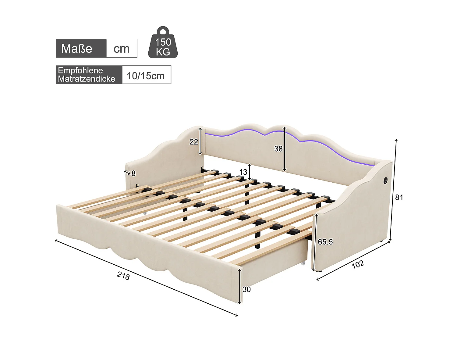 Lit banquette 90 x 200 cm convertible 180 x 200 cm avec LED et port USB, velours beige