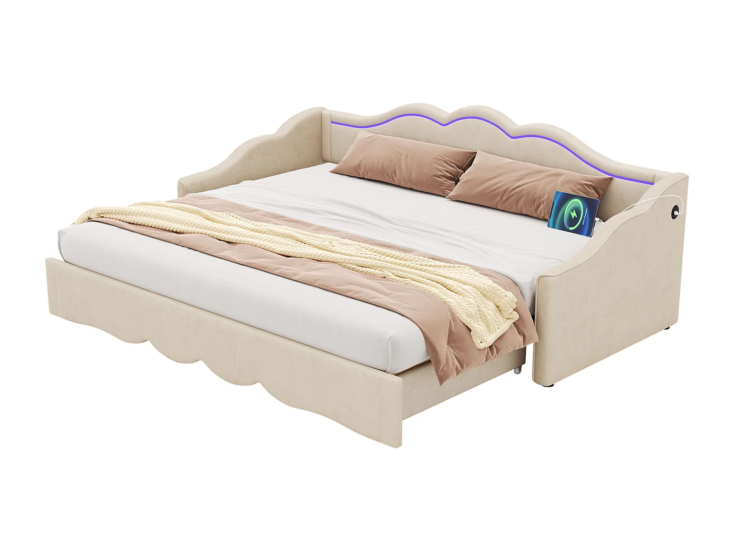 Lit banquette 90 x 200 cm convertible 180 x 200 cm avec LED et port USB, velours beige