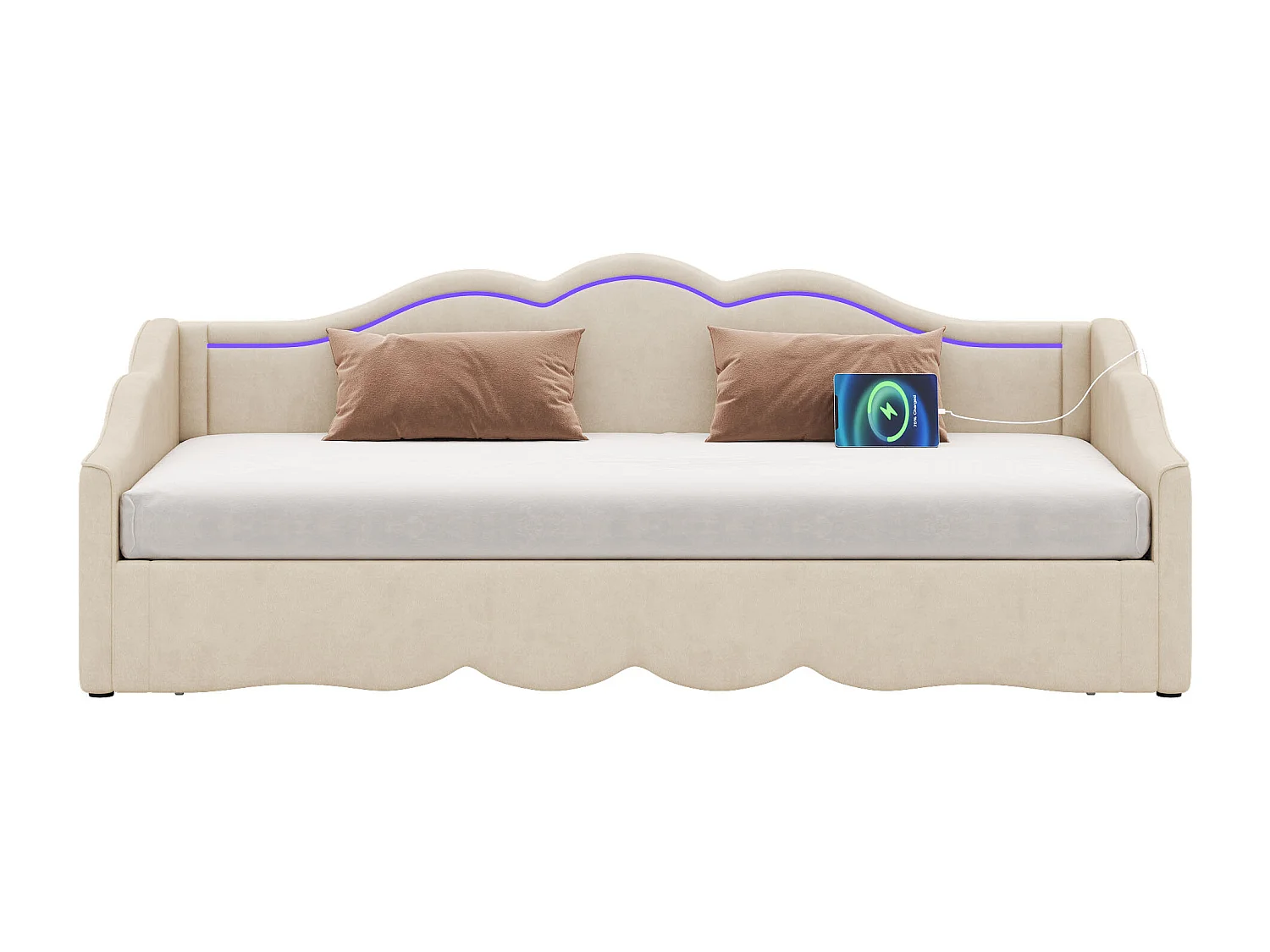 Lit banquette 90 x 200 cm convertible 180 x 200 cm avec LED et port USB, velours beige